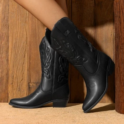 Mujeres Botas de Vaquero Bordadas Cosidas Botas del Oeste Medio Pantorrilla Botas de Vaquera Foto 1 de 4