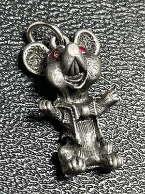 Vintage Pewter 1” Mouse Pendent Red Crystal Rhinestones - Image 1 of 4