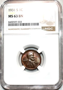 NGC MS-63 BN 1931-S Lincoln Cent, Richly Hued, Glossy Key-Date! - Picture 1 of 2