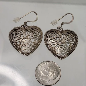 Vtg 925 Sterling Silver Heart Earrings - Filigree Floral Flowers 10.2g Estate - Picture 1 of 6