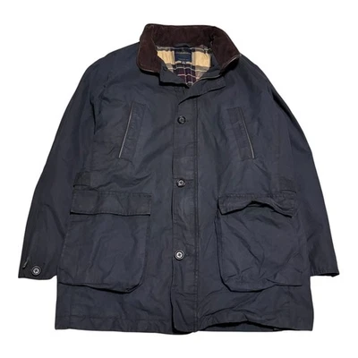 Brooks Brothers Navy Blue Leather Collar Flannel Lined Chore Jacket Men's Large - Image 1 of 4