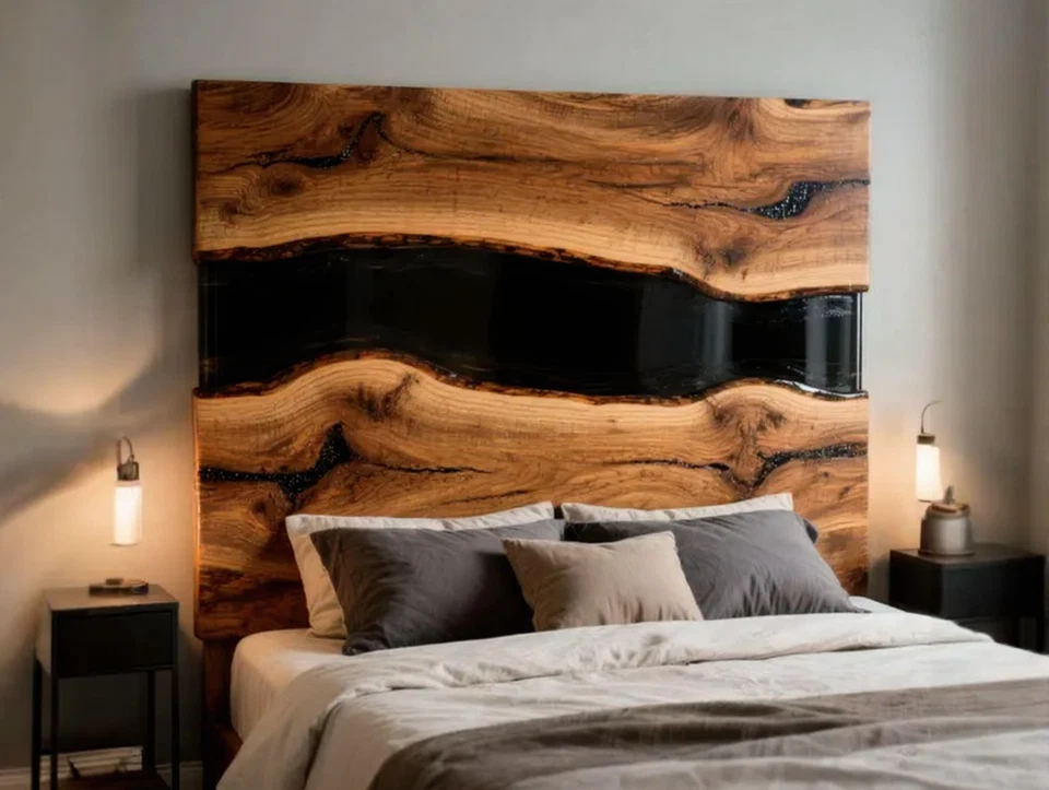 King Size черный эпоксидная смола изголовье: ручной работы деревенский современный настенное искусство - Изображение 1 из 4