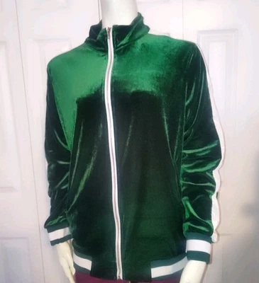 Chaqueta deportiva de terciopelo verde con cremallera completa verde esmeralda con rayas blancas talla pequeña Foto 1 de 4