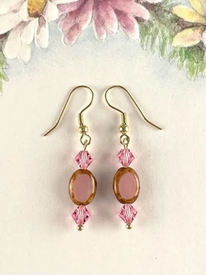 Small Pink Crystal Picasso Gold Drop Earrings Women Handmade Artisan Jewelry - Image 1 of 4