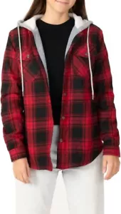 Cozy Fleece Flannel Hoodie Jacket: Plaid, Button Down, Pockets, Red, Large - Picture 1 of 1