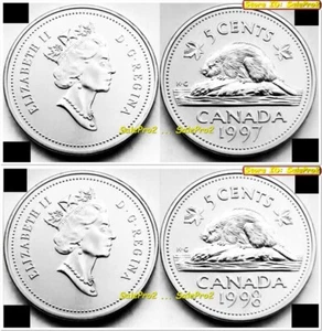 2x CANADA 1997 1998 CANADIAN NICKEL BEAVER QUEEN ELIZABETH 5 CENT COINS LOT UNC - Picture 1 of 4