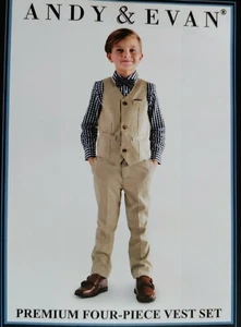 Andy & Evan Boys 4-Pc Vest, Dress Shirt, Pant & Bow-Tie Navy Tan S 5 NWT Wedding - Picture 1 of 5