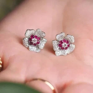 2Ct Round Cut Simulated Ruby Flower Stud For Women's 14k White Gold Plated - Picture 1 of 7