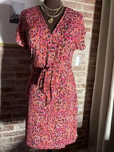 New! Nine West Faux Wrap Vibrant Floral Stretch Knit Dress Short Sleeve Size M - Picture 1 of 6