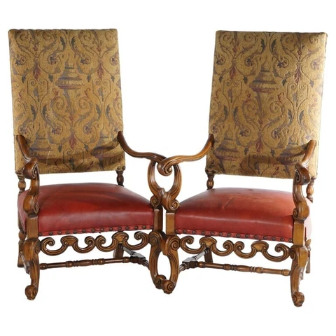Antique Pair Continental Baroque Carved Walnut Throne Chairs Circa1920 Cover