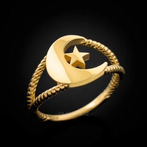 Gold Crescent Moon Dainty Islamic Ring - Picture 1 of 7