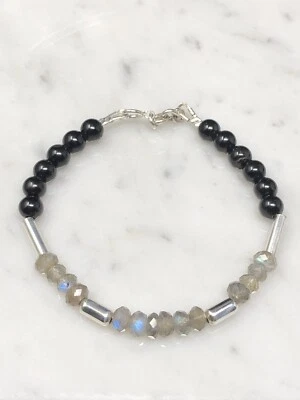 7” Labradorite Black Tourmaline .925 Silver Spring Clasp Bracelet Handmade P25 - Image 1 of 4