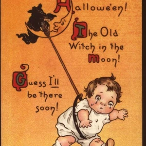 SCARCE..! ARTIST SIGNED...CRYING BABY SNATCHED BY HALLOWEEN WITCH,MOON POSTCARD - Picture 1 of 3