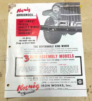 De colección Original 1959 Koenig Jeep King Winch Anuncio de Ventas/Una Hoja Flyer 758 Foto 1 de 4