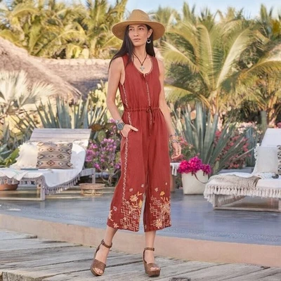 Johnny Was Elia Orange 100% Linen Floral Embroidered Jumpsuit Size Small - Image 1 of 4