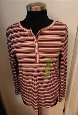 Camisa Top Gloria Vanderbilt Púrpura Acanalada Manga Larga Henley Abotonada GRANDE Foto 1 de 4