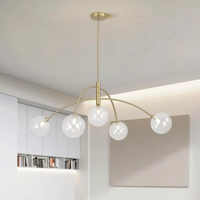 5 Light Modern Brass Chandelier Fixture White Clear Globe Glass Shade Pendant... - Image 1 of 4
