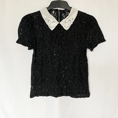 New Look size 10 black lace gothic  blouse with white embroidered collar - Image 1 of 4