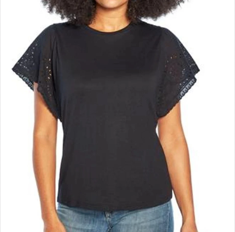 GAP XS Women's Eyelet Flutter Short Sleeve Top Shirt True Black