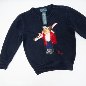 Polo Ralph Lauren Boys Size 5 Navy Blue Teddy Bear Sweater Crewneck Cotton Ski - Picture 1 of 14