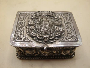 Caja de plata española vintage/antigua con escudo de armas escudo a tapa - ¿real? - Imagen 1 de 7