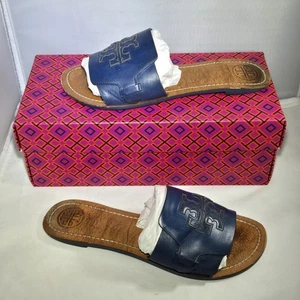 Sandalia Tory Burch Melinda para mujer talla 8,5 chanclas deslizables azul cuero vegano - Imagen 1 de 8