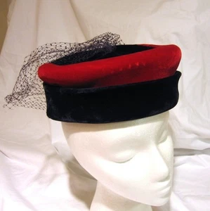 Vintage Navy Red Velvet Pillbox Style Hat With Veil Retro Chic - Picture 1 of 1