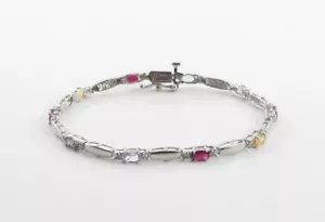 14k White Gold Diamond And Gemstones Tennis Bracelet 7" - Picture 1 of 6