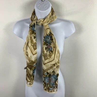 Liz Claiborne Womens Rectangle Scarf Cream Brown Blue Floral Victorian VINTAGE - Image 1 of 4