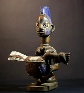 Estatua africana tribu yoruba santuario figura pájaro recipiente acentos azules altar -G4994 - Imagen 1 de 24