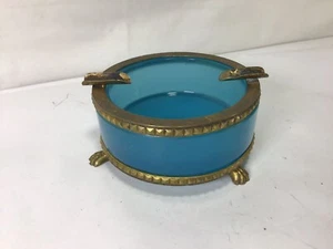 KK50 Vintage Blue French Opaline Glass and Brass Ashtray - Set of Only 1 - Picture 1 of 3