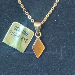 Vintage Diamond Shape Tiger Eye Gold Plated Necklace New