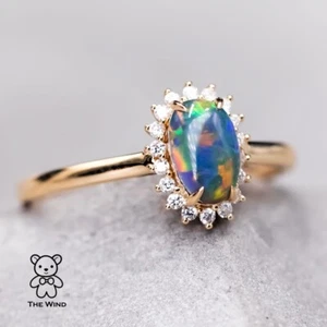 Halo Diamond Tsavorite Australian Black Opal Engagement Ring 18K Yellow Gold - Picture 1 of 11