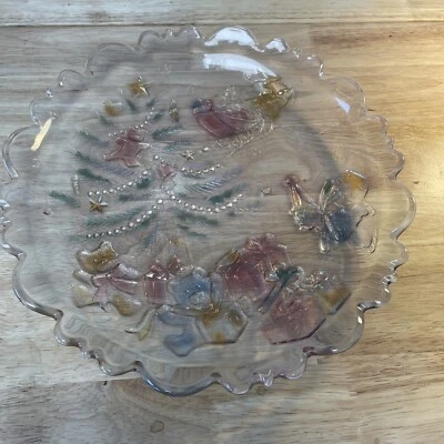 Стеклянное рождественское блюдо хрустальные медведи сани дерево новый винтажный сделано в Японии  - Изображение 1 из 4