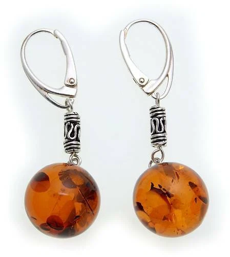 Orecchini Da Donna A Pendente In Vera Ambra Sfera 14 Mm In Vera Argento Sterling - Immagine 1 di 1