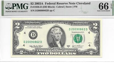 2003A Cleveland $2 FRN Harder to Find DD Block PMG 66 EPQ Gem Uncirculated - Image 1 of 2