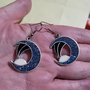 Vtg Mexican Alpaca Silver Inlaid Onyx Crushed Stone Shell sun moon Earrings - Picture 1 of 4