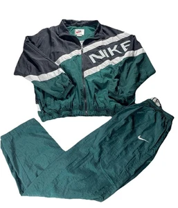 Vtg 90s Nike Tracksuit Set Windbreaker Jacket Pants Green Black White Swoosh XL - Picture 1 of 15