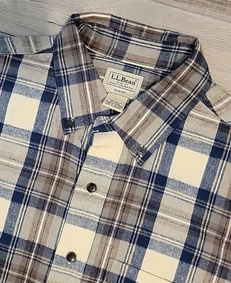 LL Bean Flannel Shirt Mens Medium Tall Blue Biege Plaid Button Up Fleece  - Image 1 of 4