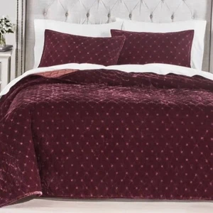 Martha Stewart Samt King Quilt Decke Bettbezug Rot Burgund 2 Kissenbezüge Gothic - Bild 1 von 3