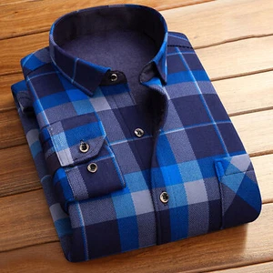 Men Winter Shirt Fleece Plaid Print Men's Cardigan with Thick Plush Lining Lapel - Picture 1 of 12