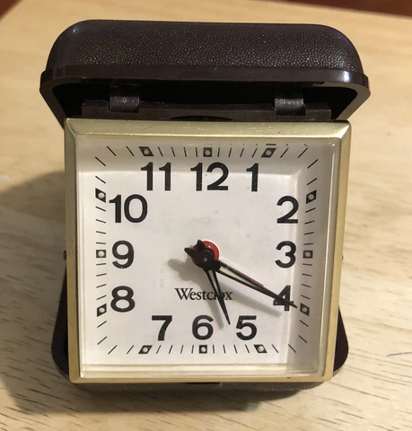 Vintage WESTCLOX Travel Wind-Up Alarm Clock in Brown Plastic Case Cover