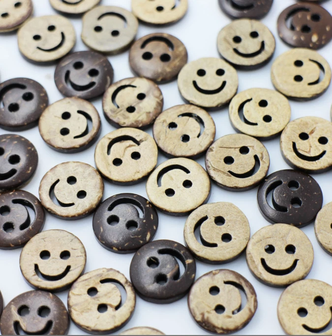 50 PCS 15 mm Brown Natural Wooden Happy Smiles Face Coconut Shell Buttons 2 Hole - Image 1 of 4