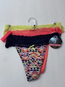XOXO Set Of 3 Thong Panties Triangle Pink Yellow Lace Waistband Large  $24 - Picture 1 of 3
