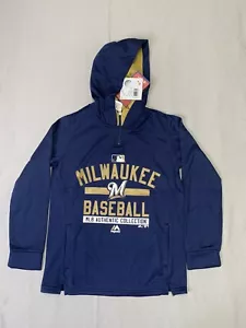 Milwaukee Brewers Baseball Majestic Pullover Hoodie Blue Youth Size Small NWT - Picture 1 of 5