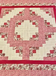 Quilt Top~Log Cabin~Pink & Paisley 60” X 60” Baby~Crib~Bed~Couch, Decor~Pieced.