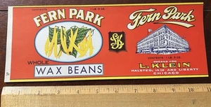 Fern Park Whole Wax Beans, NOS Label, Packed for L. Klein Chicago - Picture 1 of 2