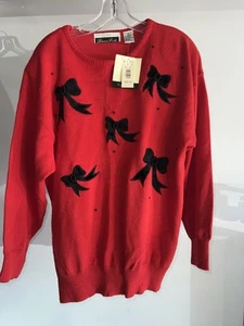Dana Scott / Sweater Red Black Velvet Bows Sweater / Size L / Red - Picture 1 of 3