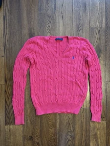 Polo Ralph Lauren Pink Cable Knit V Neck Jumper Sweatshirt Womens Large UK 12 - Picture 1 of 6