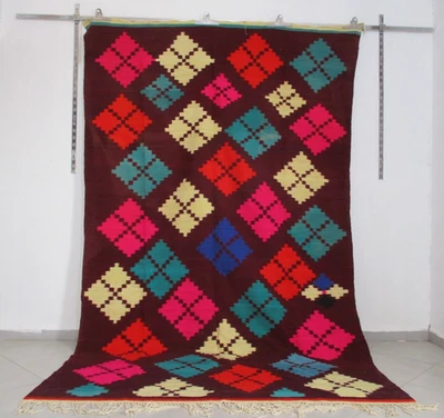 VTG Moroccan Handmade Rug Pink Blue Orange Yellow Diamand Berber Fringe Carpet - Image 1 of 4